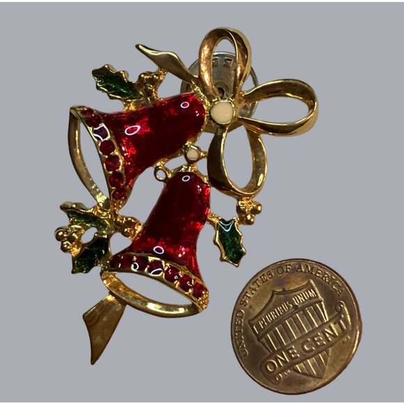 Vintage Gold-Tone Red Enamel Christmas Bell Brooch With Holly  Bow Pin Jewelry - Picture 7 of 11